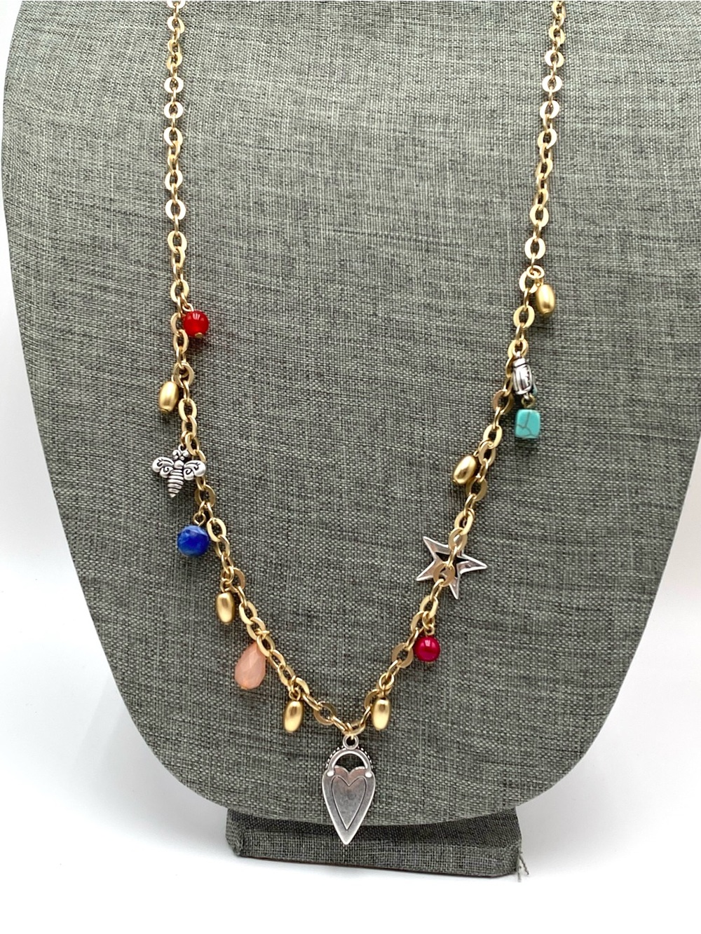 Chico's Charm Necklace Brushed Gold Tone Bee Heart Star Ladybug 36”+3”